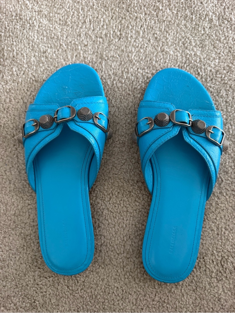 Balenciaga Turquoise Slide Sandals with Metal Chain Detail
